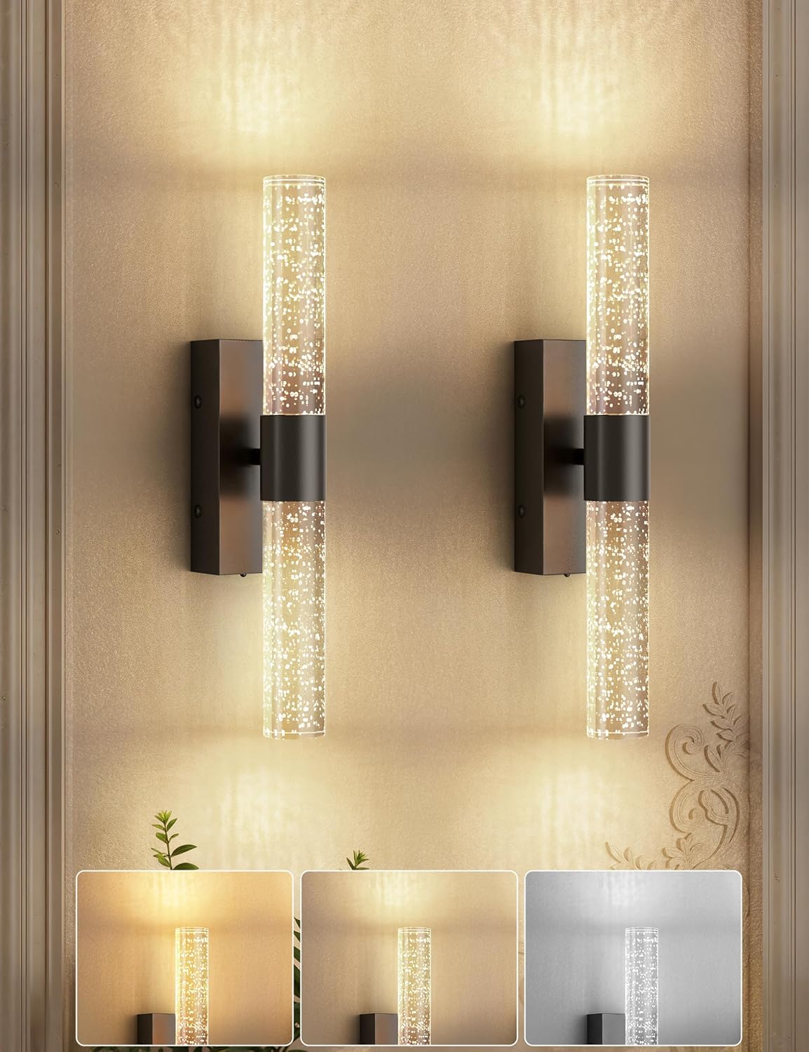 Battery Operated Wall Sconce Set of 2,3CCT Dimmable,10400mAh,Black Modern Rechargeable Wall Sconce with Remote,Wireless Wall Lights for Bedroom,Living Room,Hallway(15.3 inch)