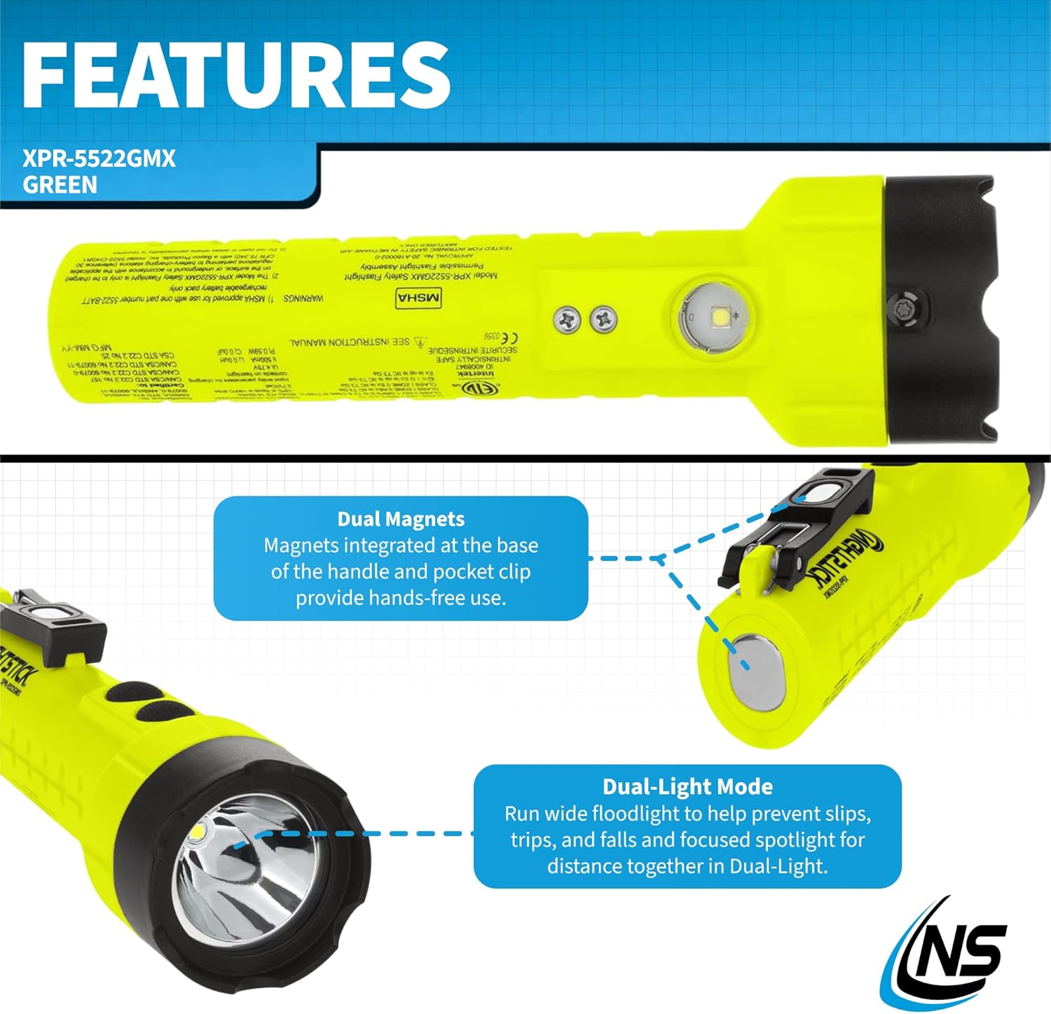 Nightstick XPR-5522GMX Intrinsically Safe Dual-Light Flashlight w/Magnets-Rechargeable-Green-UL913 / ATEX, Multicolor