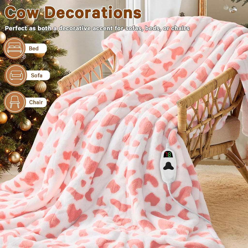 Pink Cow Print Heated Electric Blanket Throw,50X60 Heating Blanket with 10 Heats Levels & 8 Hours Auto Off,Cute Cow Decor Stuff Soft Fleece Sherpa Blankets Warmer Gifts for Women Washable