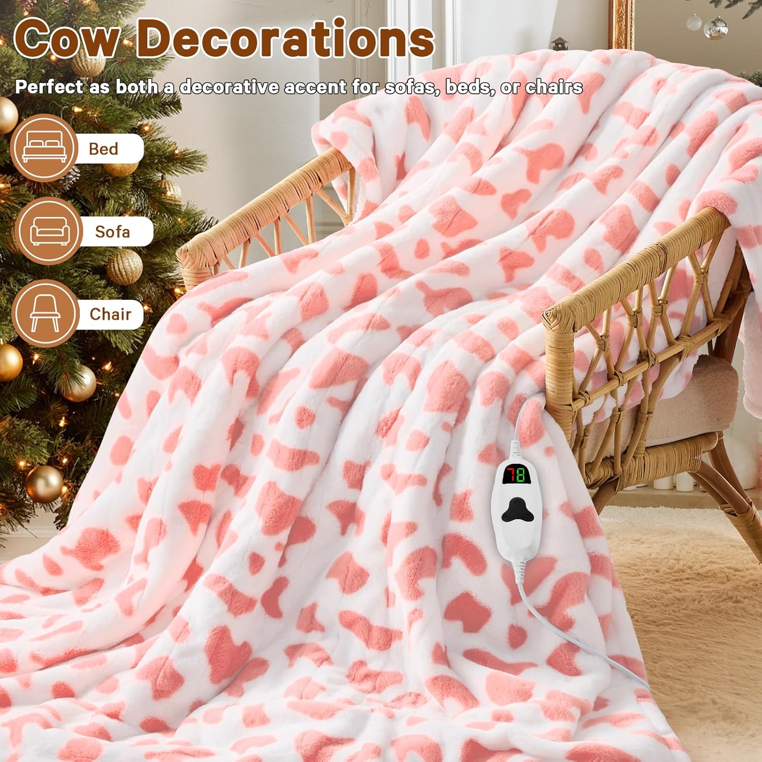 Pink Cow Print Heated Electric Blanket Throw,50X60 Heating Blanket with 10 Heats Levels & 8 Hours Auto Off,Cute Cow Decor Stuff Soft Fleece Sherpa Blankets Warmer Gifts for Women Washable