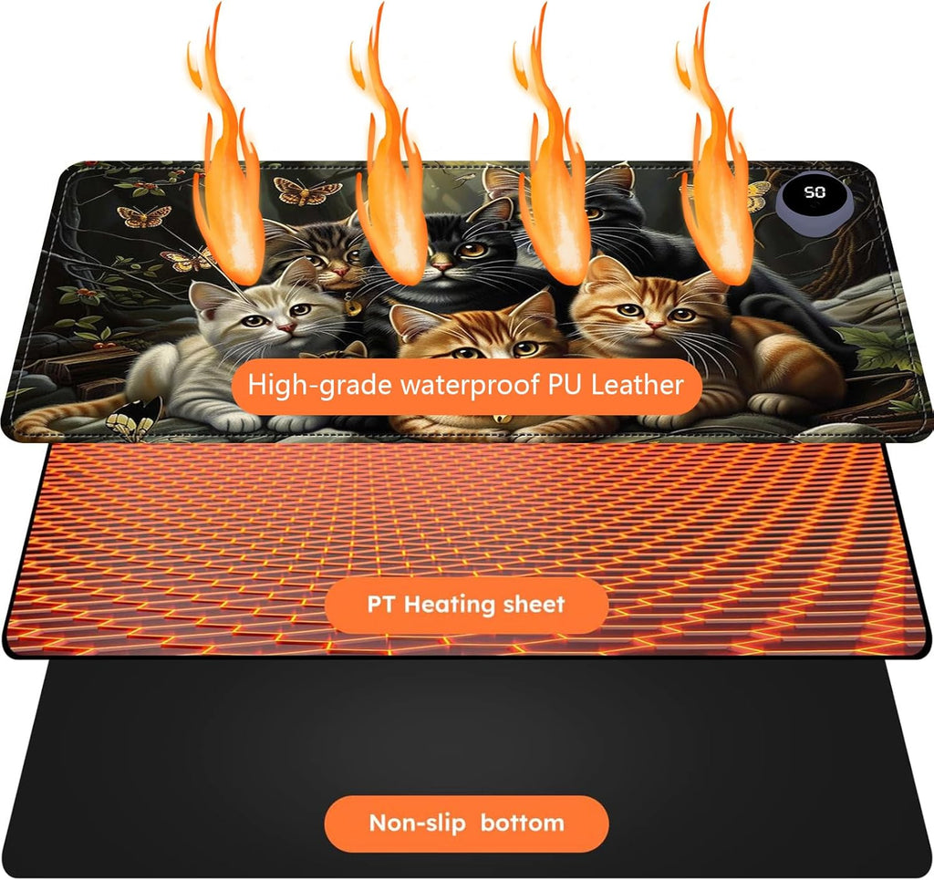 Heated Mouse Pad with 3 Levels Heated & 3 Hours Auto Shut-Off Mouse Pad for Warming Hands in Office Home, 23.6" x 14.2"Large Safe Desk Mat Hand Warmer，A Bunch of Cute Cats