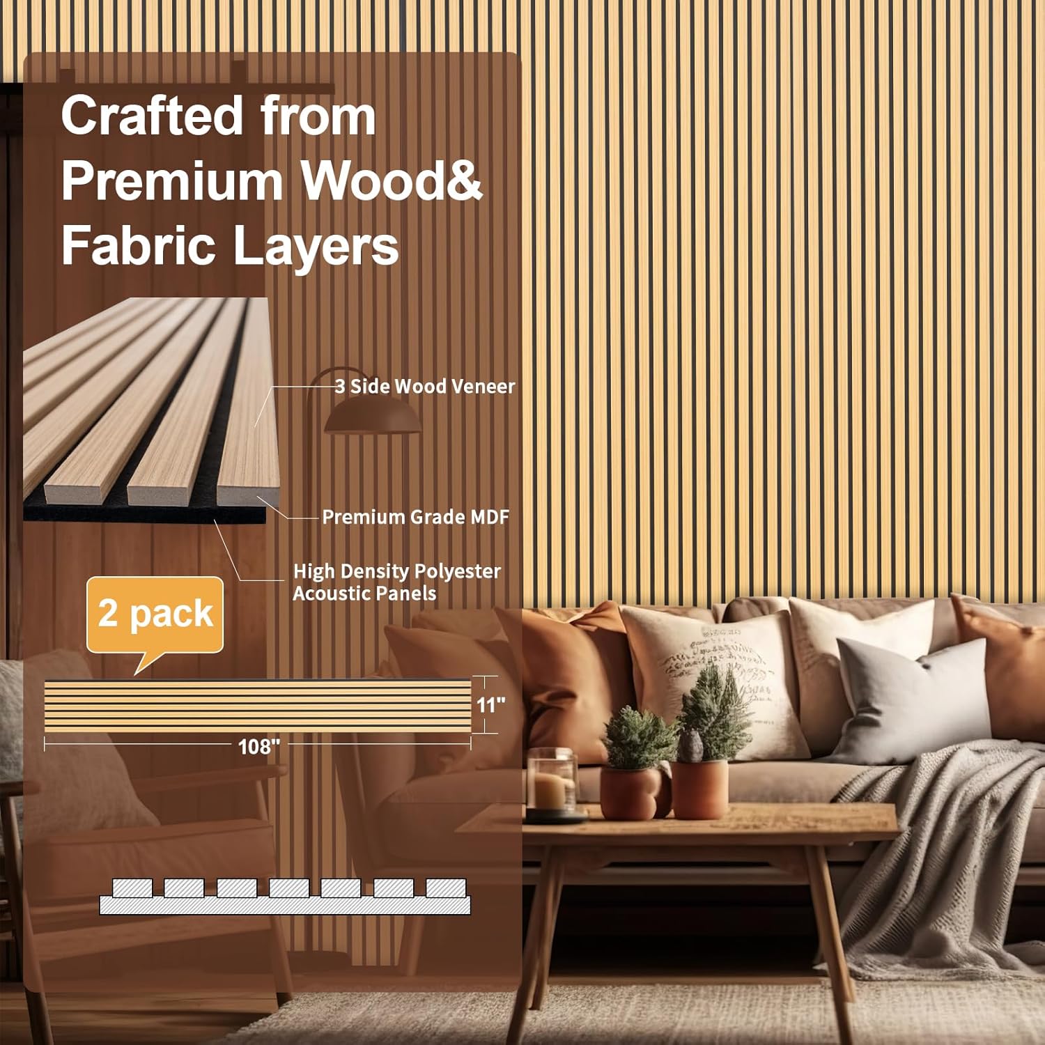 Yuzzy Wood Panels for Wall - 9 Feet Teak Wood Slat Acoustic Panels 2 PCS - Modern Sound Absorbing Wall Panels for Interior Wall Decor for Home, Office, Studio