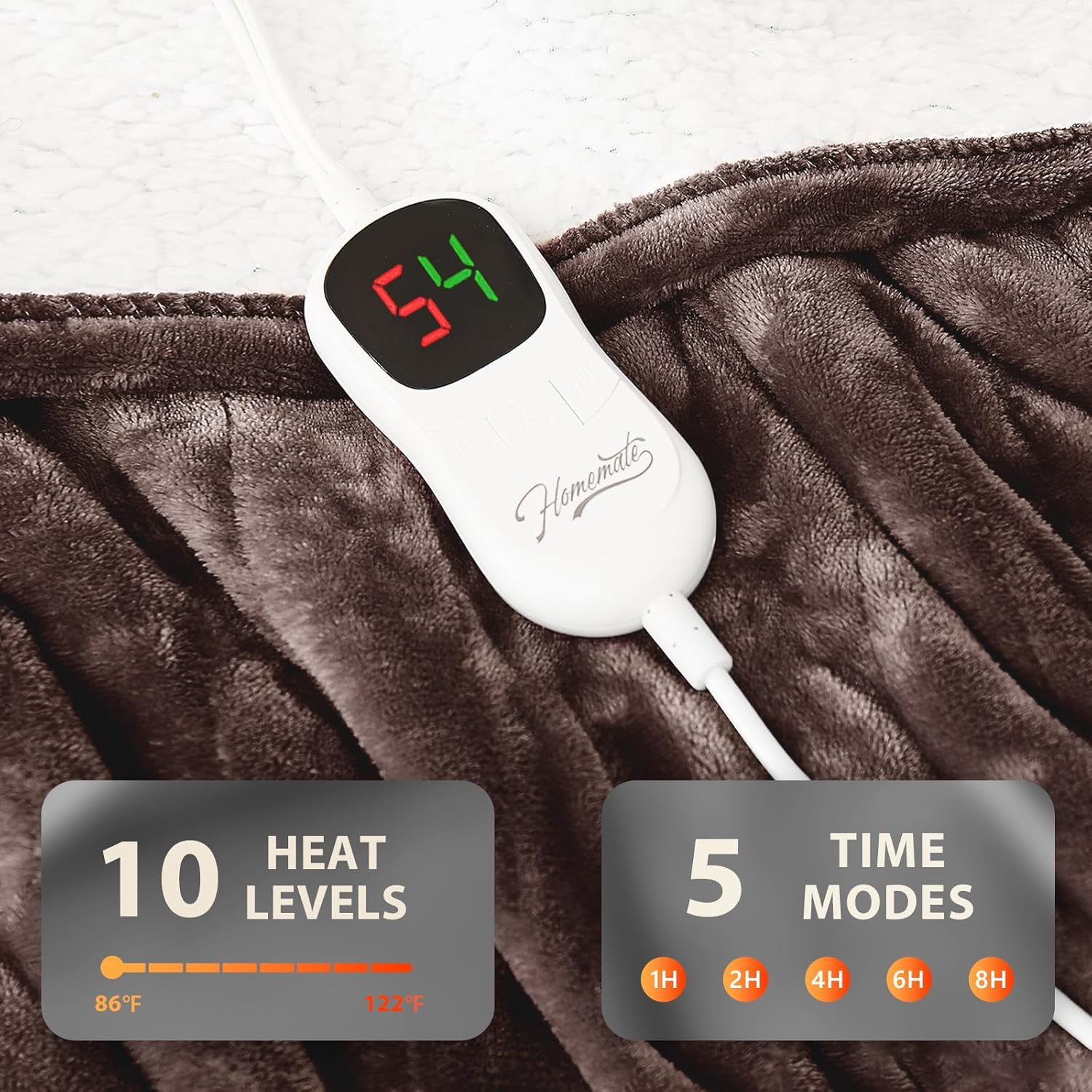 Homemate Electric Heated Blanket Twin - 62"x84" Heating Bed Blankets Throw with 10 Heating Levels 8 Hours Auto Off Fast Heating Over-Heated Protection Ultra Soft Warm Flannel ETL Certified Brown