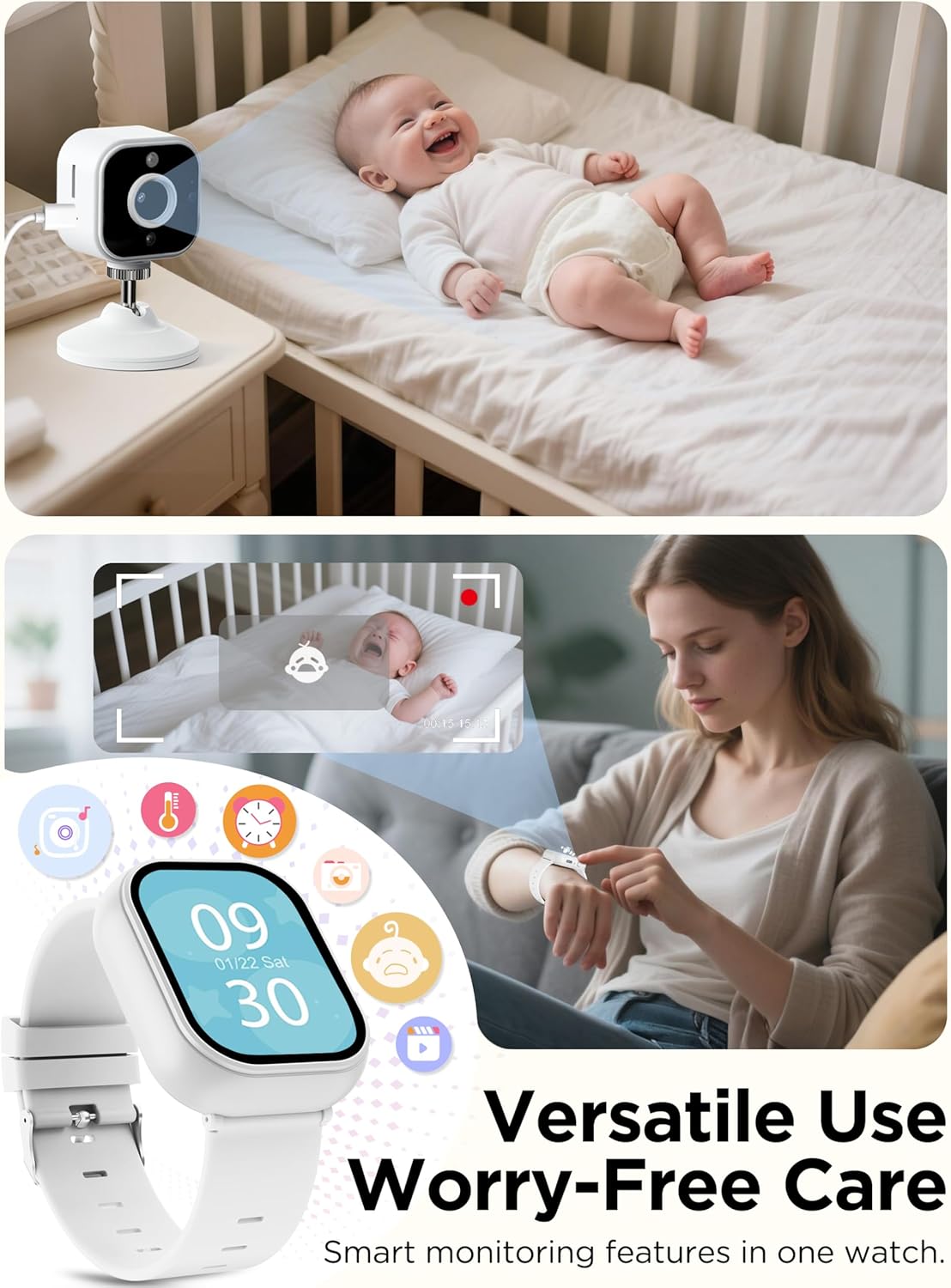 Baby Monitor with Camera and Audio, Wearable Portable Baby Monitor No WiFi Needed Watch, Can Save 1080P HD Video, SD Card Included, Night Vision, 2-Way Talk, Cry & Temp Sense, Alarm & Lullabies