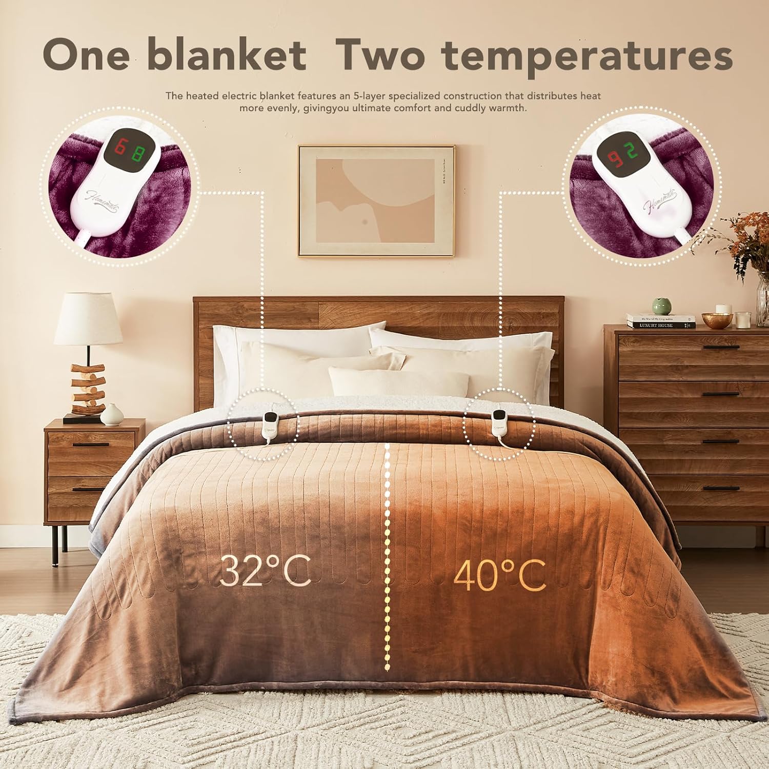 Homemate Electric Heated Blanket King - 100"x90" Heating Bed Blankets Throw with 10 Heating Levels 8 Hours Auto Off Fast Heating Over-Heated Protection Ultra Soft Warm Flannel ETL Certified Purple