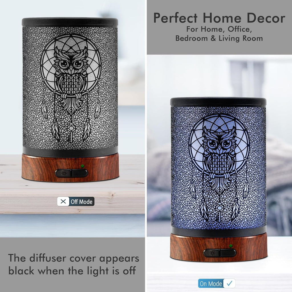 EQUSUPRO Essential Oil Diffuser 150ml Metal Aromatherapy Oil Diffuser Ultrasonic Cool Mist Diffuser with Auto Shut-Off Protection,7 Colors Changed LED for Home Office SPA Yoga (Owl)