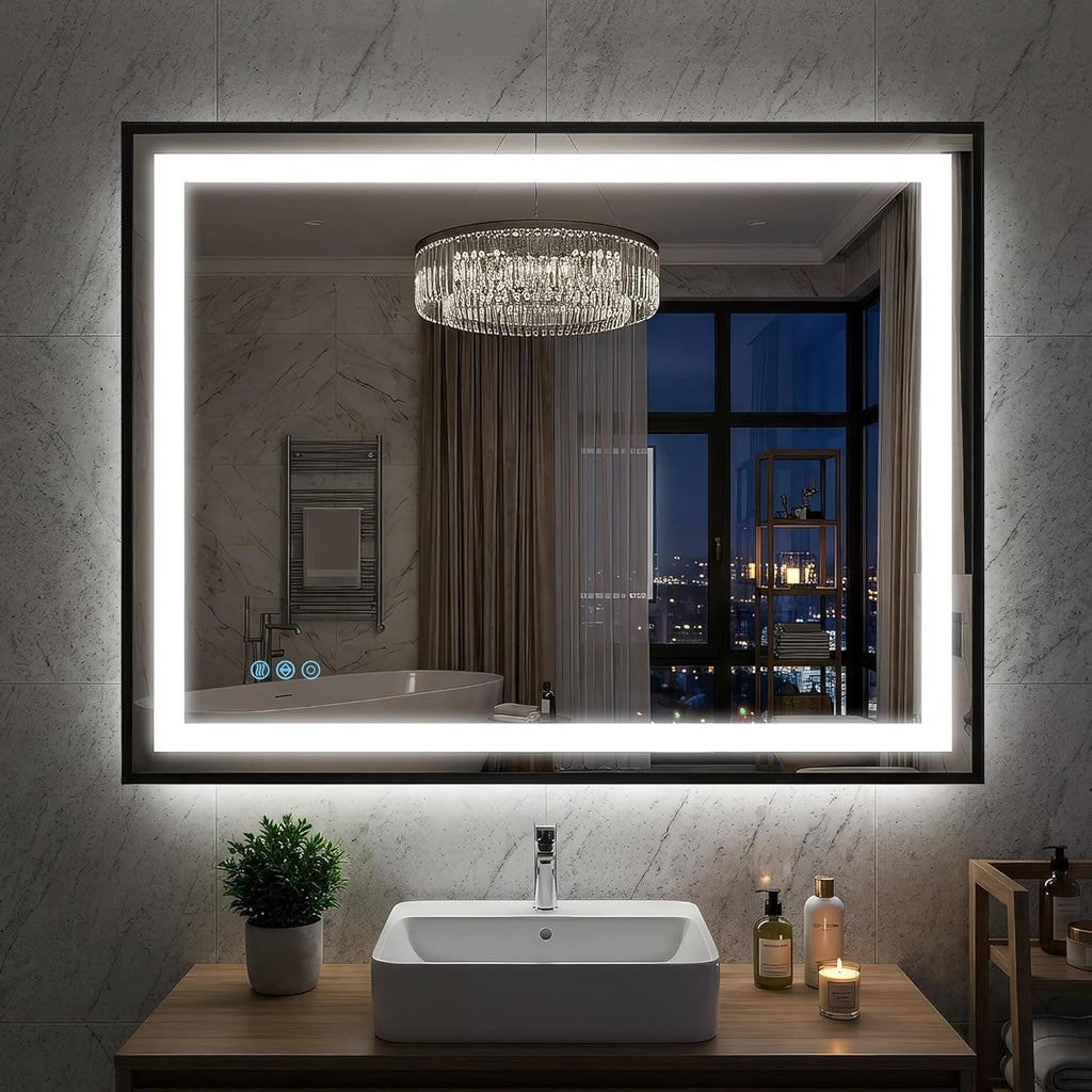 Antok 30X40 LED Bathroom Mirror with Lights, Vanity Mirror for Wall with Black Frame, Touch Control, Anti-Fog, Dimmable Lights, Shatter-Proof, Memory Function, Wall-Mounted Vanity Mirrors