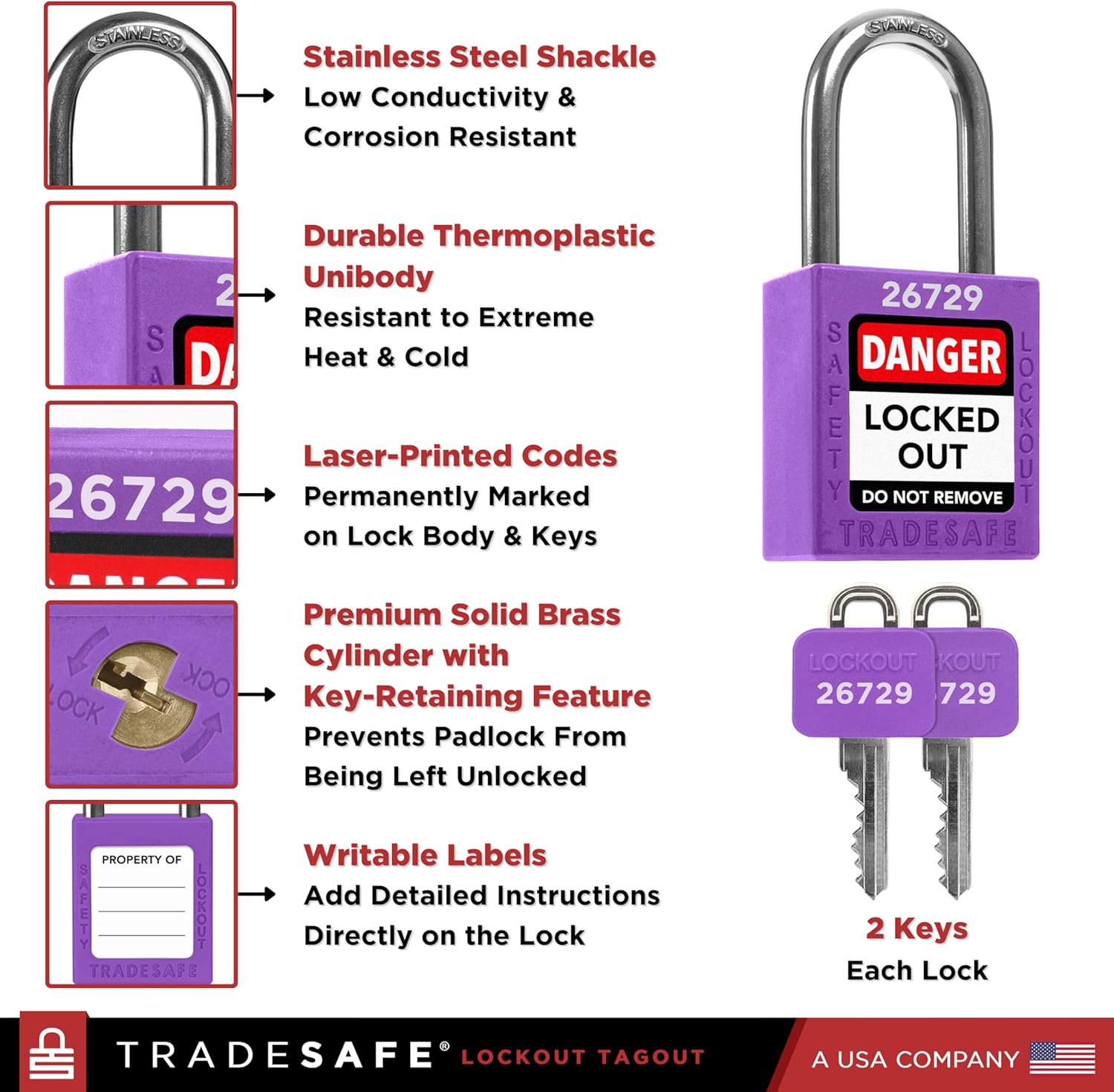 TRADESAFE Lockout Tagout Locks Set - 10 Purple Keyed Alike Padlocks, 2 Keys Per Lock, OSHA Compliant Loto Locks for Lock Out Tag Out Stations, Premium Grade