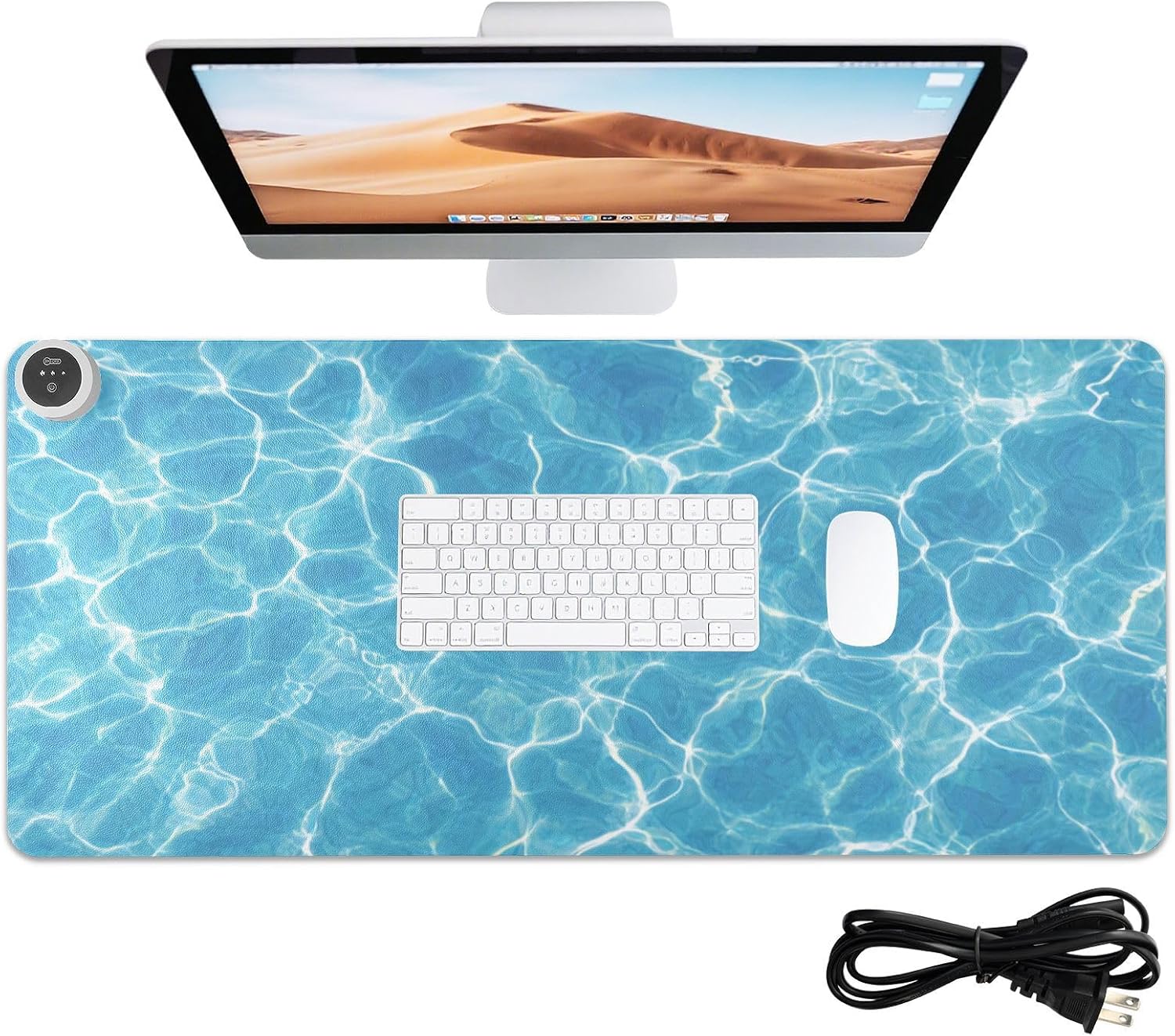 Heated Desk Pad Mouse Pad 31.5x13 Inch PU Leather Desk Mat with 3 Heat Levels Large Mouse Gaming Computer Laptop Mat Bright Blue Pool Ripples