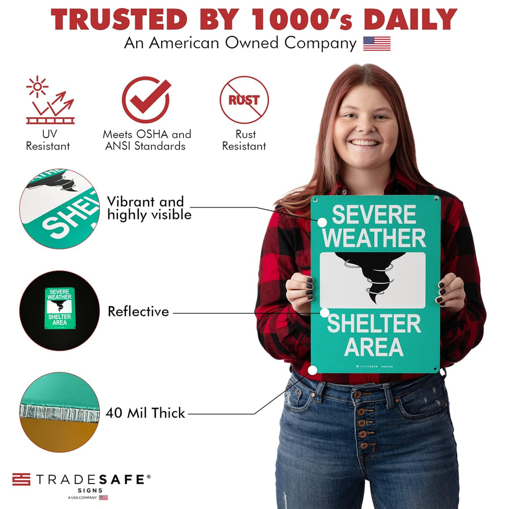 TRADESAFE Severe Weather Shelter Area Sign - Storm Shelter Sign, Quick Install, Light Reflective, UV-Resistant, Waterproof, 10” X 14” Aluminum Safety Signs for Business