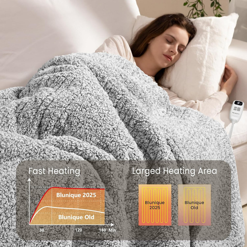 Heated Blanket Electric Blanket Throw - Fast Heating Blanket Throw Double Sided Sherpa Ultra Soft Cozy with 6 Heating Levels & 1-4 Hours Auto Off, Mashine Washable, 50 x 60 Inches, Grey
