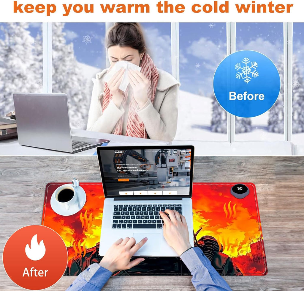 Small Heated Desk Pad 23.6" x 14.2" – Compact Electric Mouse Pad with 3 Heating Levels, Auto Shut-Off, Waterproof PU Surface, Plug-in Warmer for Office or Home Use, Mask Soldier