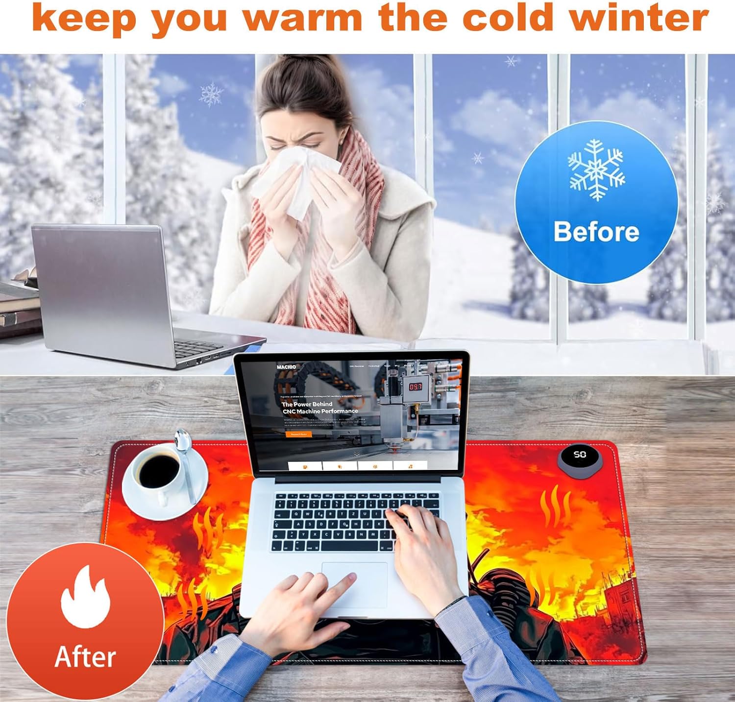 Small Heated Desk Pad 23.6" x 14.2" – Compact Electric Mouse Pad with 3 Heating Levels, Auto Shut-Off, Waterproof PU Surface, Plug-in Warmer for Office or Home Use, Mask Soldier