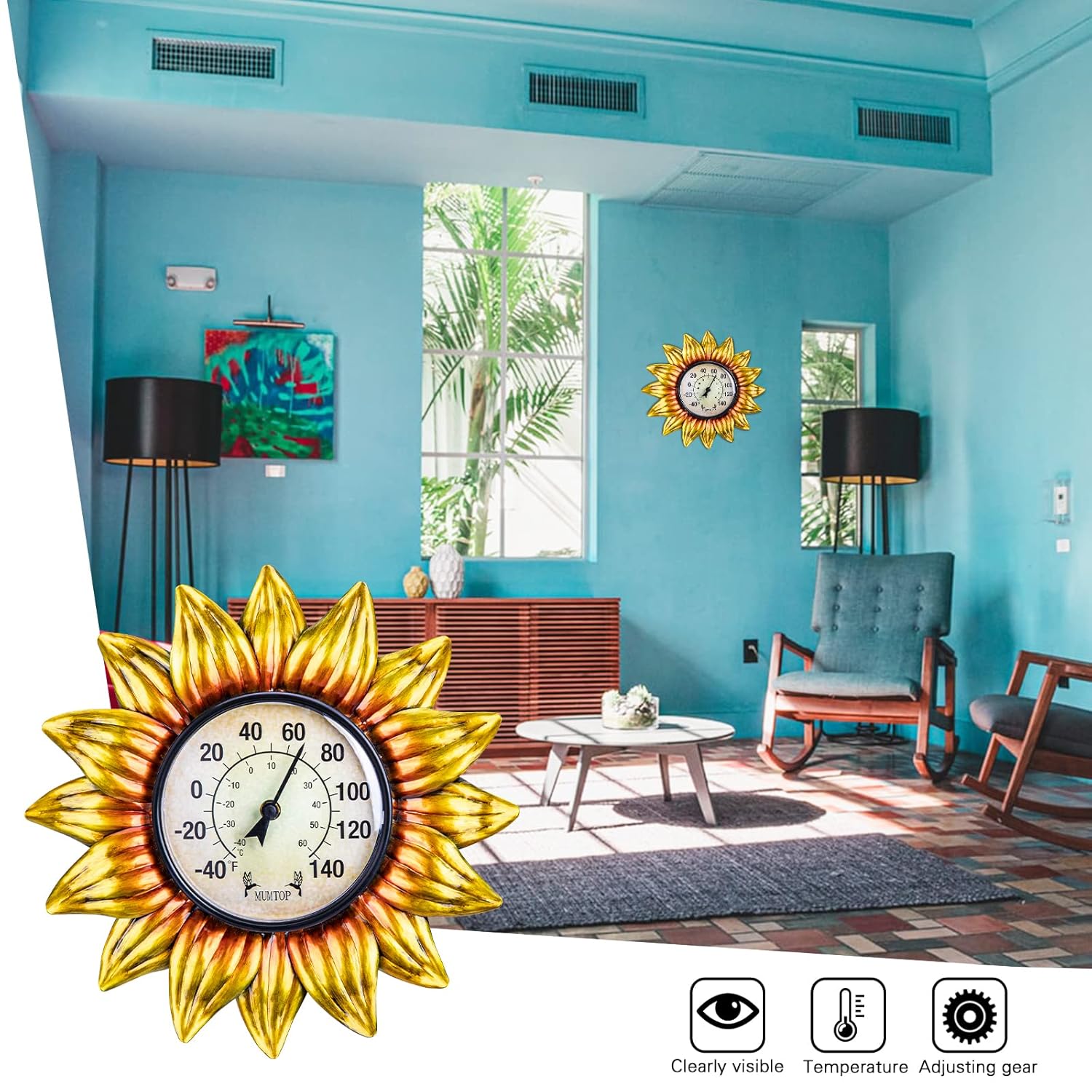 MUMTOP Outdoor Thermometers for Patio - Indoor Outdoor Thermometer, Sunflower Wall Thermometer Wireless for Garden Home Decor