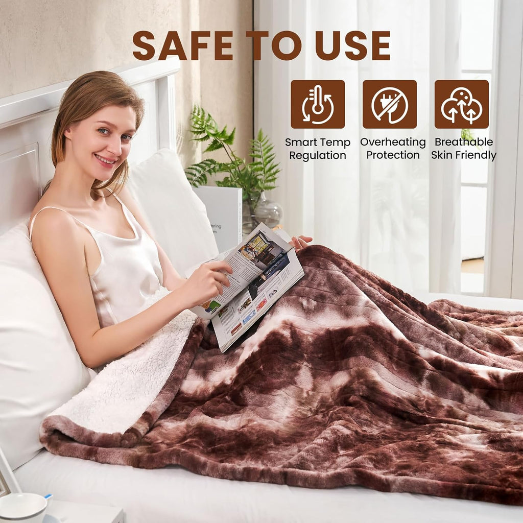 Electric Heated Twin Blanket 62"x84",Luxury White Coffee Faux Rabbit Fur Electric Blanket,Fast Heating Soft Fluffy Thick Electric Blanket with 6 Heating Levels & 12H Auto Off