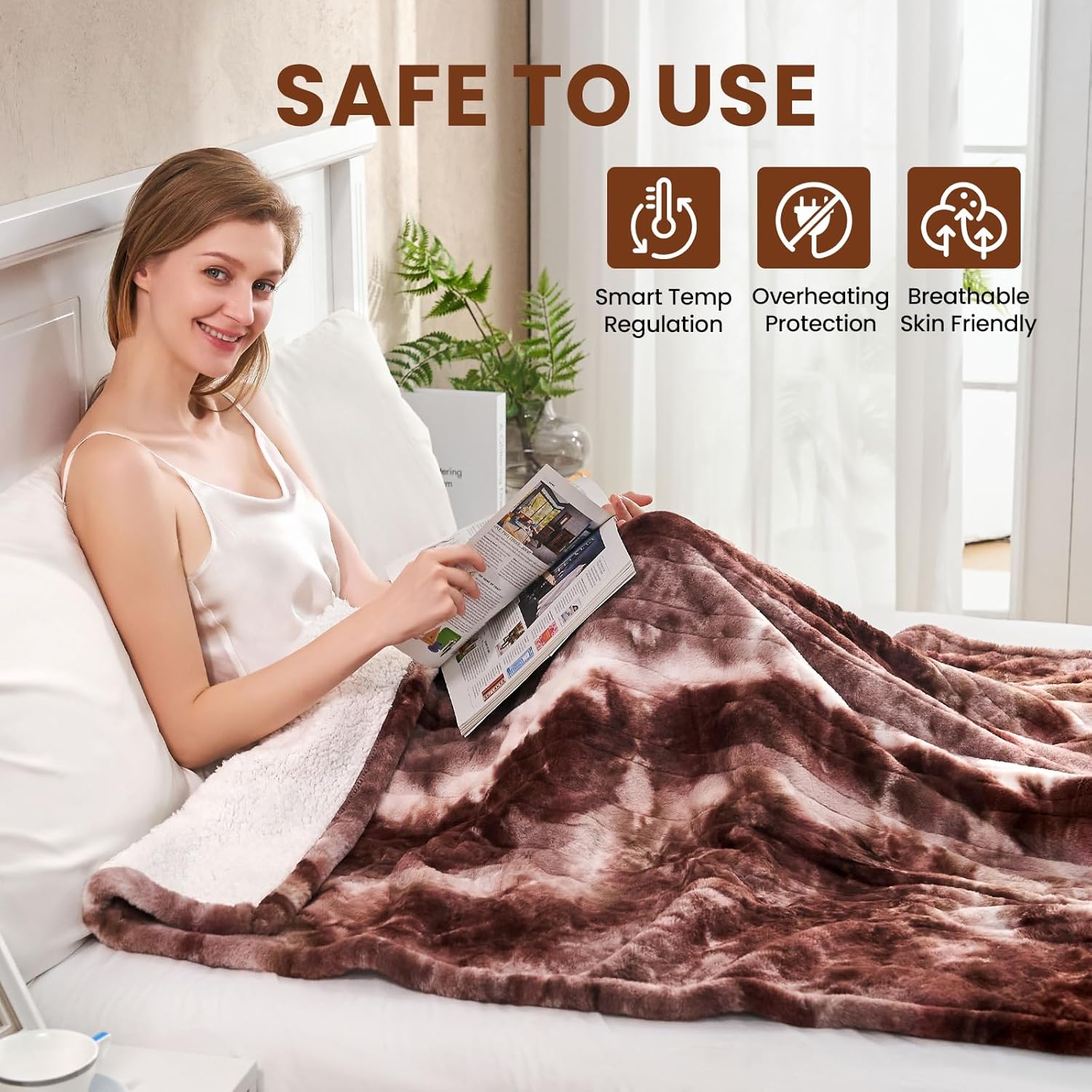 Electric Heated Twin Blanket 62"x84",Luxury White Coffee Faux Rabbit Fur Electric Blanket,Fast Heating Soft Fluffy Thick Electric Blanket with 6 Heating Levels & 12H Auto Off