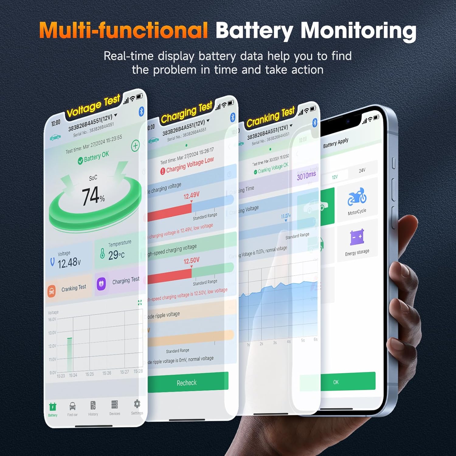 ANCEL BM Series 24V 12V 6V Battery Monitor - BM300 Pro Bluetooth 5.3 Battery Monitor with Charging, Cranking System Test & Alarm - IP67 Waterproof Voltmeter for Trucks, Cars, Motorcycles, Boats