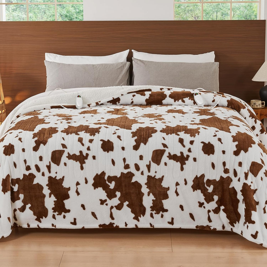 Cow Print Electric Heated Blanket King Size,90X100 Brown Heating Blanket King with Dual Control&Timer&10 Heat Levels,Highland Cow Decor Fleece Sherpa Blankets Warmer Gifts for Bed Women Adults
