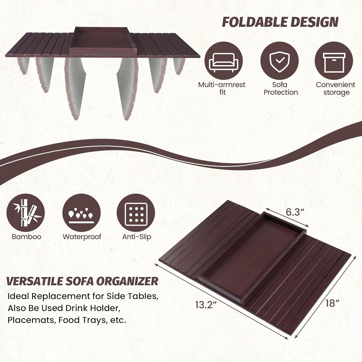 GEHE Bamboo Sofa Arm Tray, Foldable Couch Arm Tray Side Table, Anti-Falling Armrest Tables Cup Holder for Snacks, Drinks, Beers, Phone, Control, Flexible and Portable, Anti-Slip
