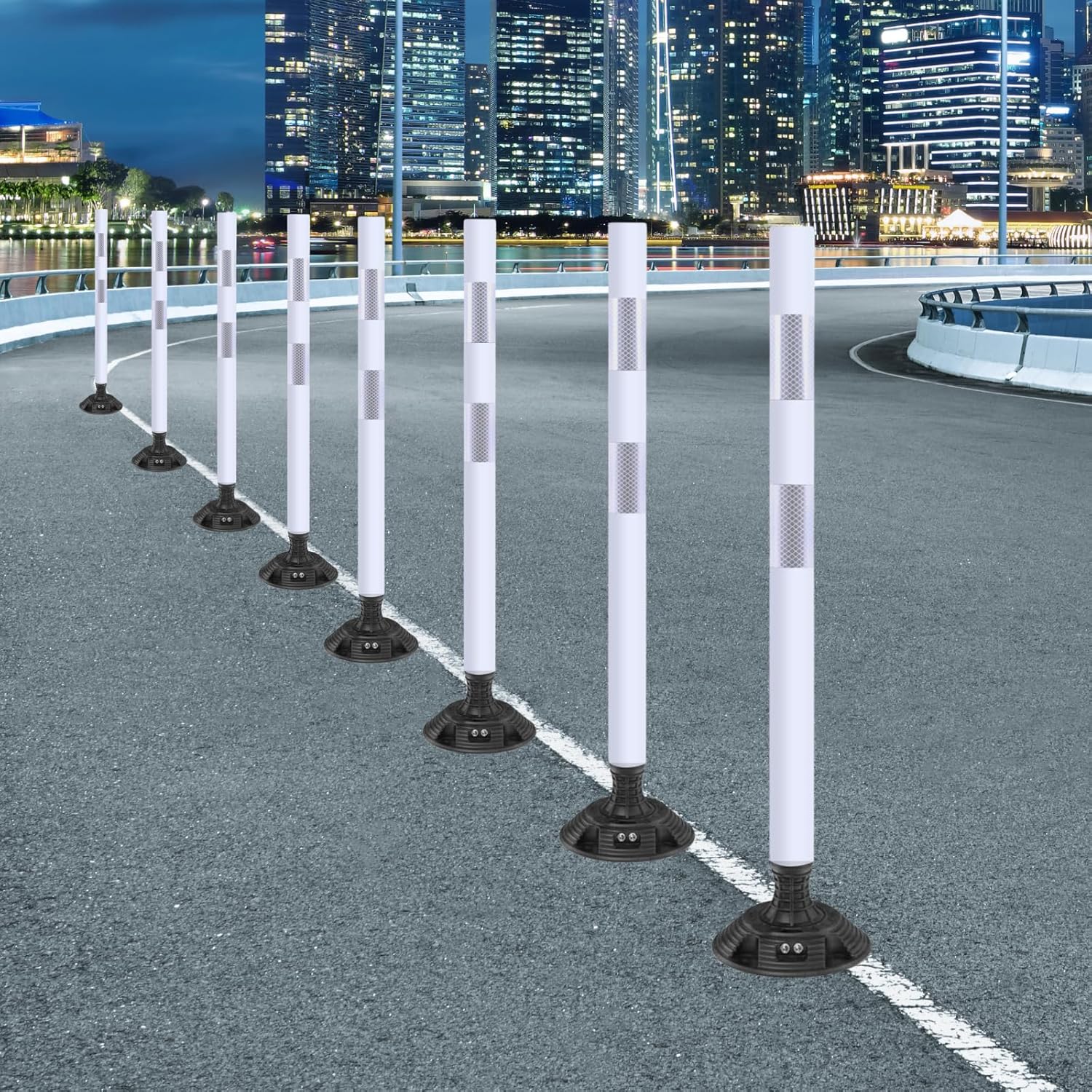8 Pack Traffic Delineator Posts – High Visibility Reflective Safety Cones with Spring Base for Roadway, Parking, Garage, Construction Zones (White, 36 Inch)