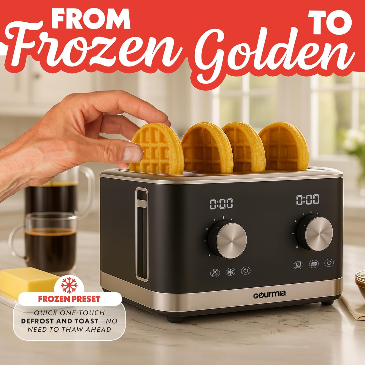 Gourmia 4 Slice Toaster, Double-Sided – Dual Independent Controls, Bagel, Defrost & Reheat Mode, 6 Browning Levels, Extra Wide Slots, Removable Crumb Tray, Compact Design, Black