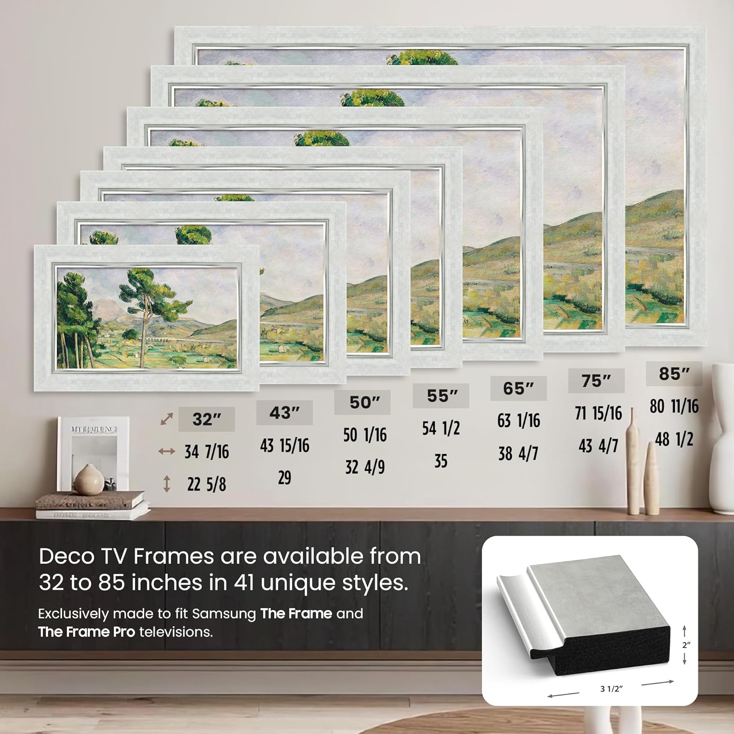 Contemporary Silver 32" Premiere Deco TV Frame - Compatible ONLY with Samsung The Frame TVs (Fits 2021-2025, LS03A, LS03B, LS03C, LS03D, LS03FA)