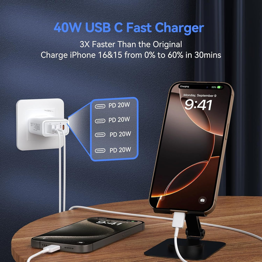 USB C Wall Fast Chargers Block, 40W 4-Port Type C Chargers Fast Charging Blocks PD Power Charger Adapter+QC 3.0 USB C Multiport Charger Brick for Phone 17/16/15/14/13/12 Pro Max, Pad, Galaxy S25/24