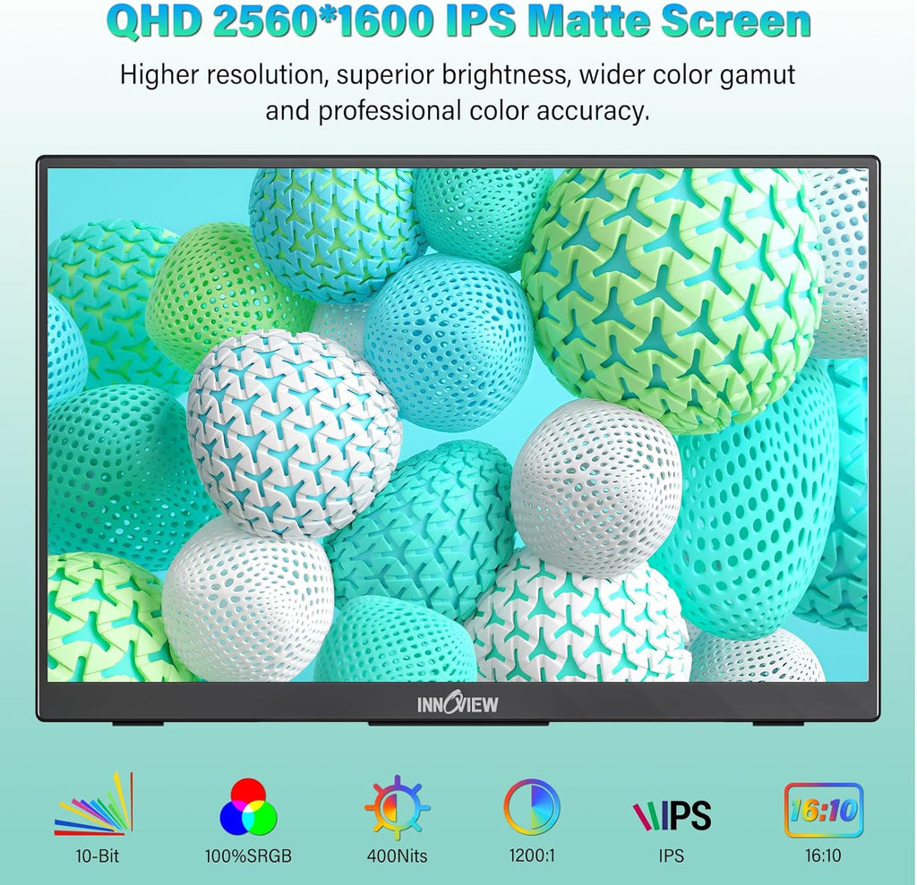 InnoView 16" 2.5K 120Hz Portable Monitor Built-in Speakers and Kickstand & VESA 100% sRGB QHD 400 Nits | 2 Type-C & HDMI | Eye Care | Travel Monitor for Laptop/Switch/PS5/Xbox (Adapter Excluded)