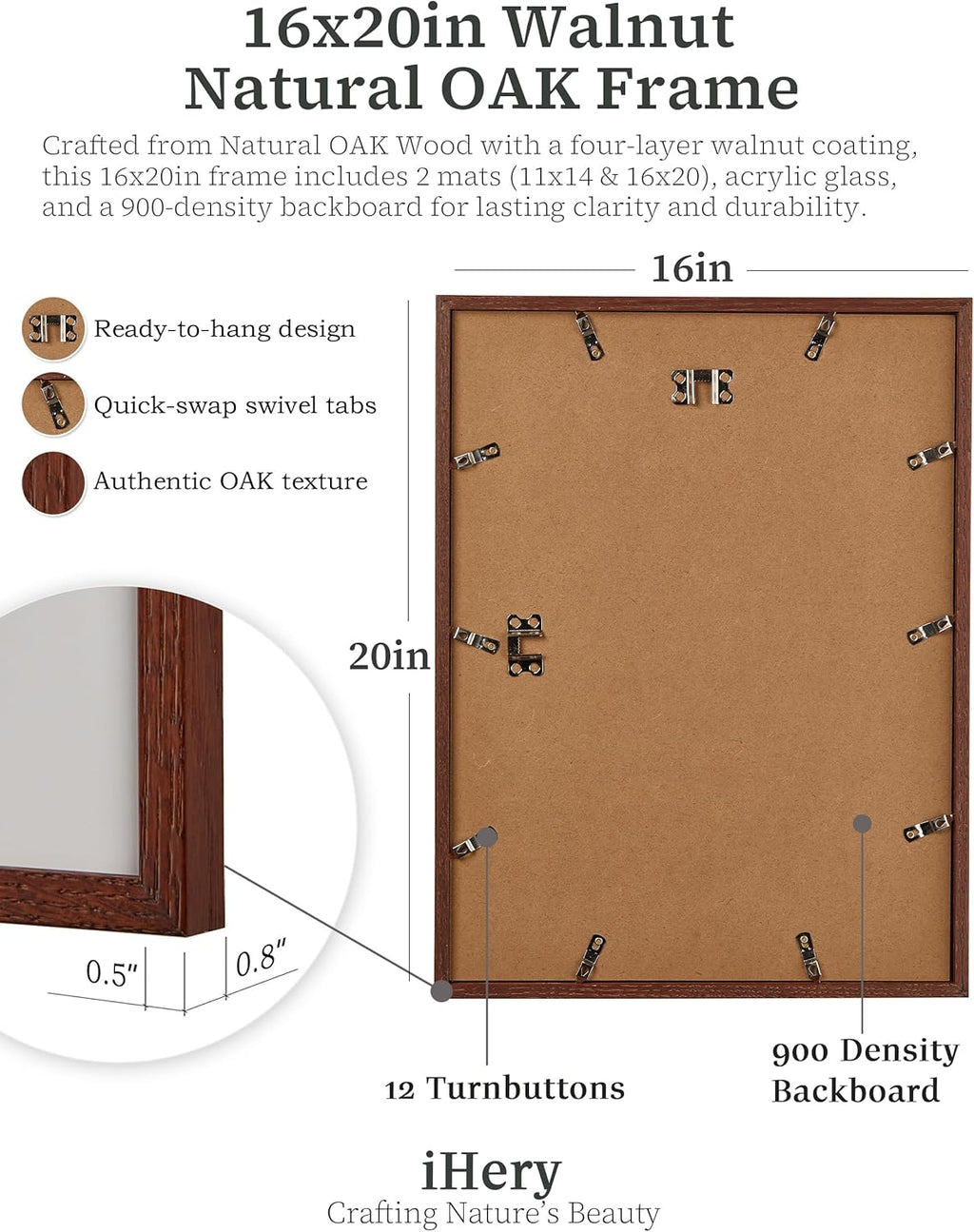 iHery Standard 16x20in Premium Truly Natural OAK Wood Walnut Color Picture Frame with 2 Mats (11x14,16x20), Acrylic Glass Thickened Backboard, Minimalist Photo Frames Narrow Border Set of 3
