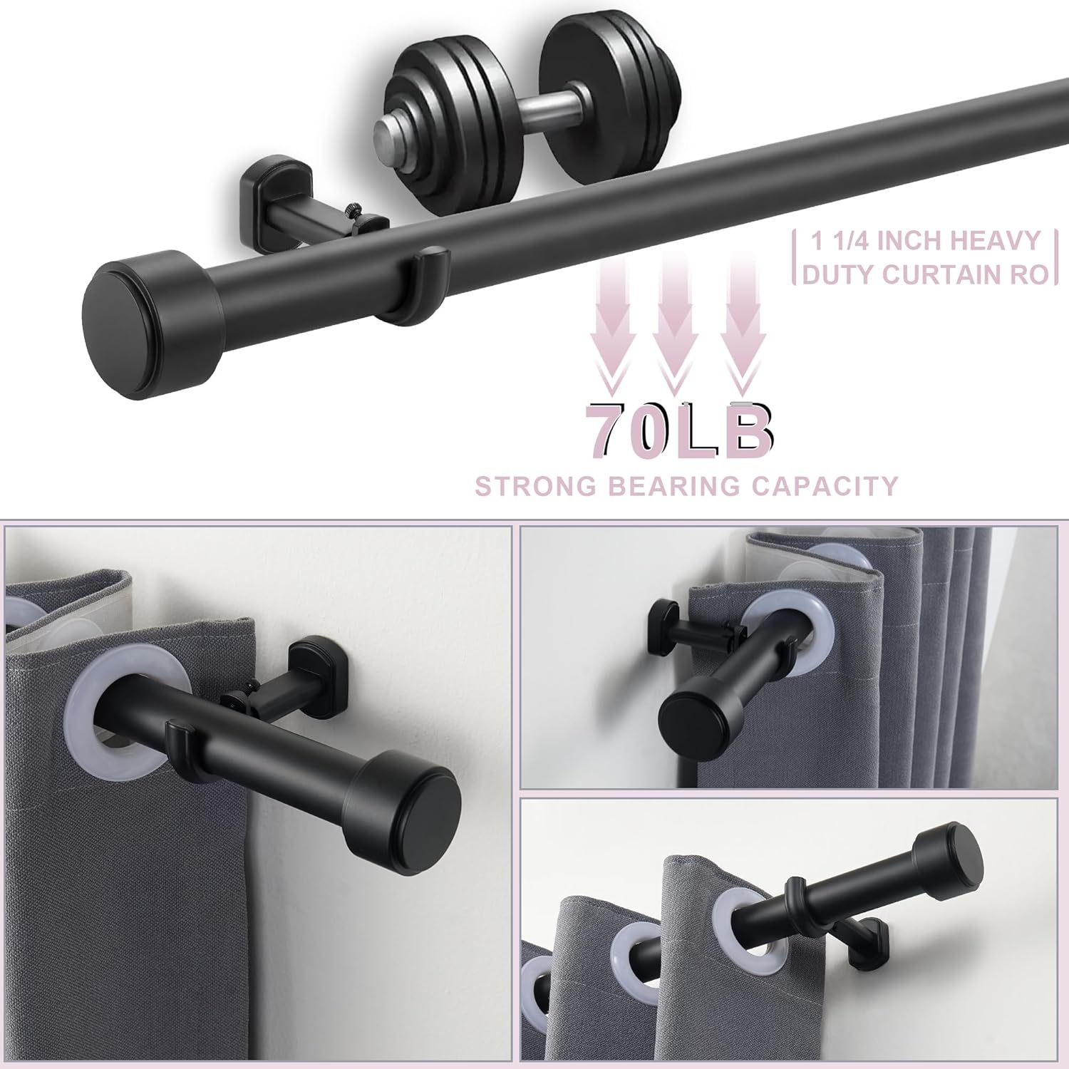 Heavy Duty Curtain Rods,1 1/4" Large Diameter Premium Nonadjustable Curtain Rod,72in/6ft Custom Window Treatment Rods with Durable Aluminum Brackets and End Caps,Black Finish