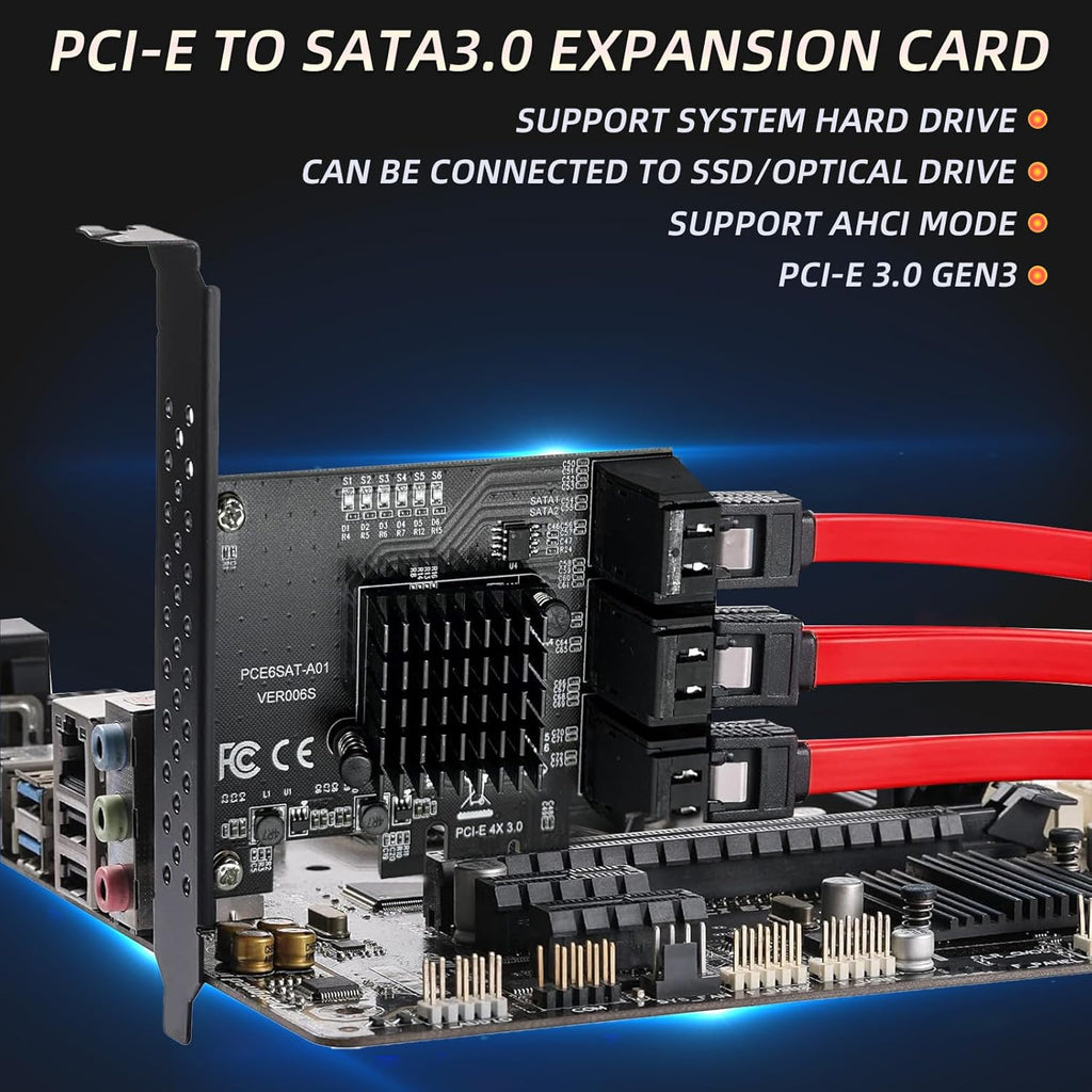 PCI-E 1X to SATA 3.0 Controller Card, 6-Port SATA III 6Gbps Expansion Card Supports PCI-Express (1x/4x/8x/16x) Slots Compatible with SSDs and HDDs, for Windows/XP/MAC/Linux Systems