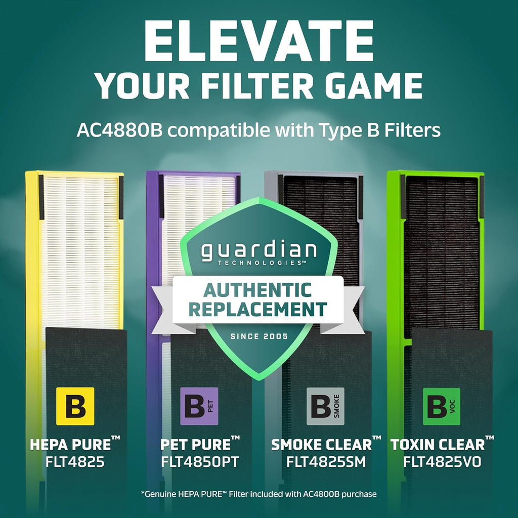 GermGuardian HEPA Air Purifier for Home, Large Rooms Up To 743 Sq. Ft. with HEPA PURE Air Filter, Air Quality Monitor & UV-C Light, AC4880B, 22" Tower, Black