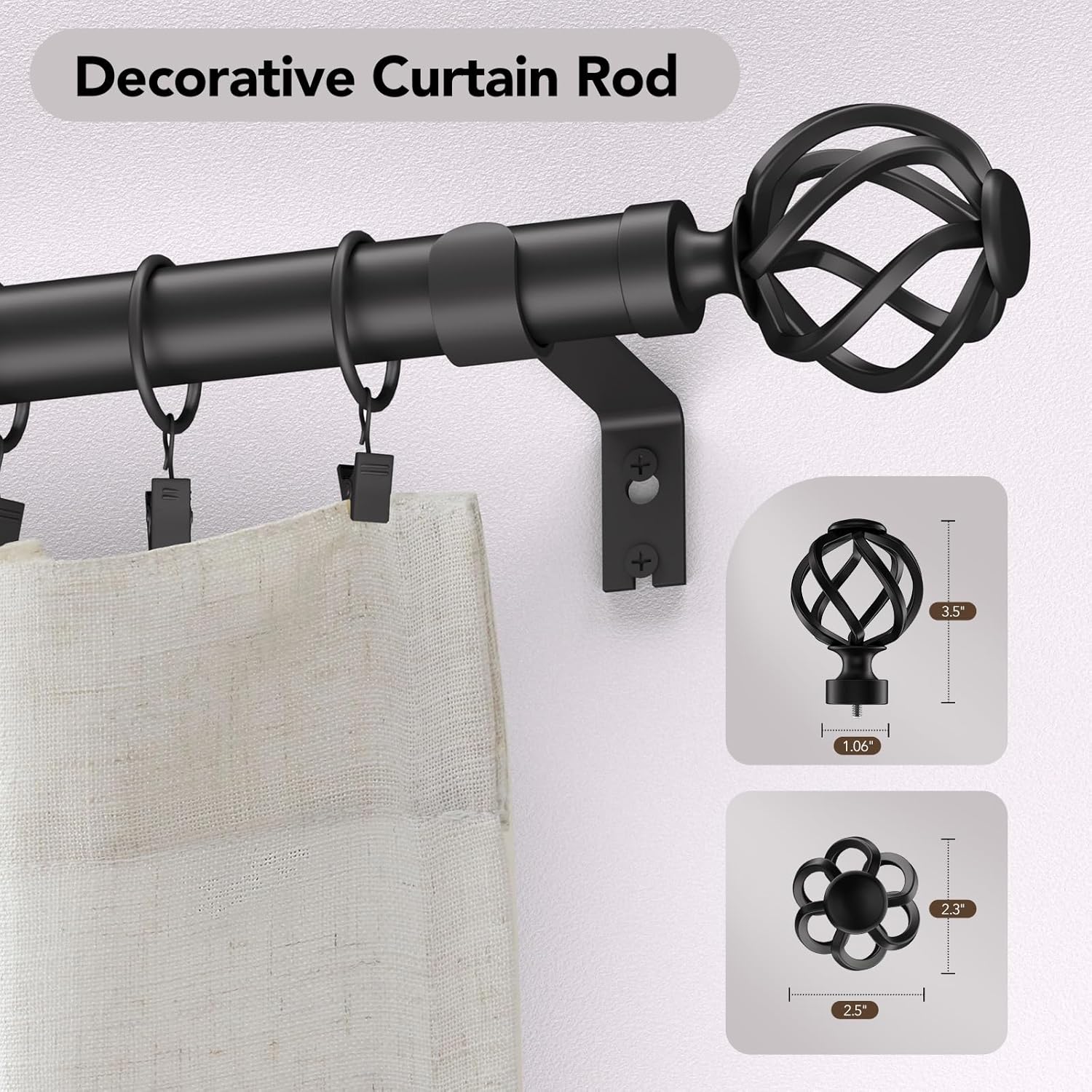 2 Pack Curtain Rods for Windows 48 to 84, 1 Inch Adjustable Decorative Black Curtain Rod with Twisted Cage End, Modern Heavy Duty Drapery Rods for Bedroom, Telescoping Splicing Structure, Size 32"-90"