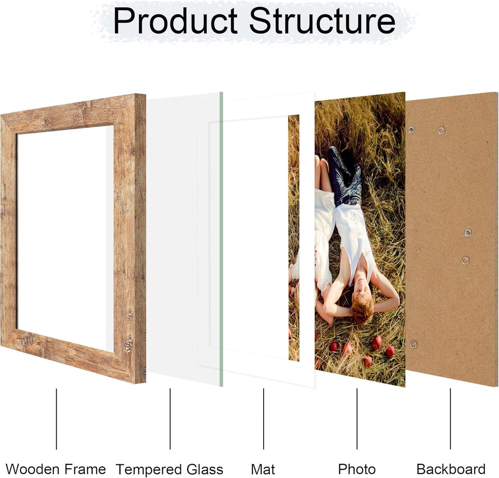 iRahmen 6x9 Picture Frame with HD Tempered Glass, Display Pictures 5x8 with Mat or 6 x 9 Without Mat, Wood Photo Frame for Tabletop and Wall (Rustic Brown, 1 Pack)