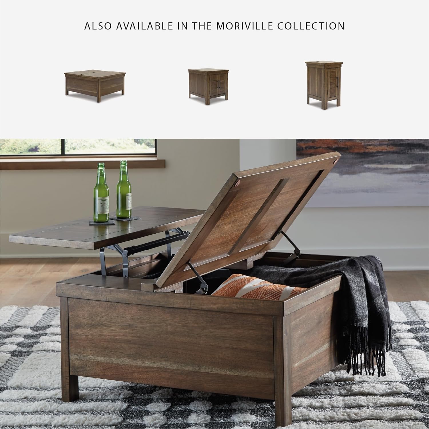 Signature Design by Ashley Moriville Rustic Hinged and Lift Top Cocktail Table with Hidden Storage, Light Brown