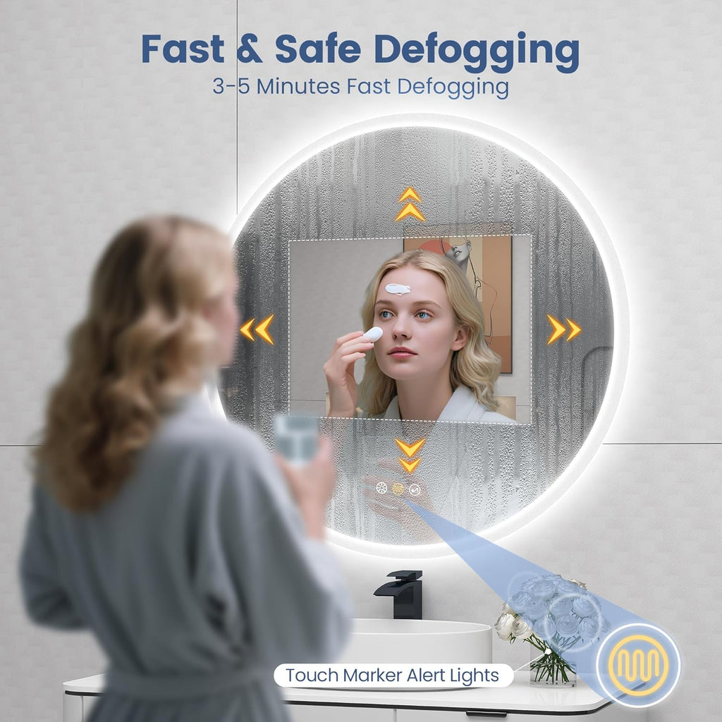 STARLEAD 32" LED-Bathroom-Mirror-with-Lights, Wall-Mounted with Bluetooth Speaker, Anti-Fog, 3 Color Temperature, Dimmable Brightness, IP65 Waterproof, Tempered Glass, Frontlit & Backlit, Round