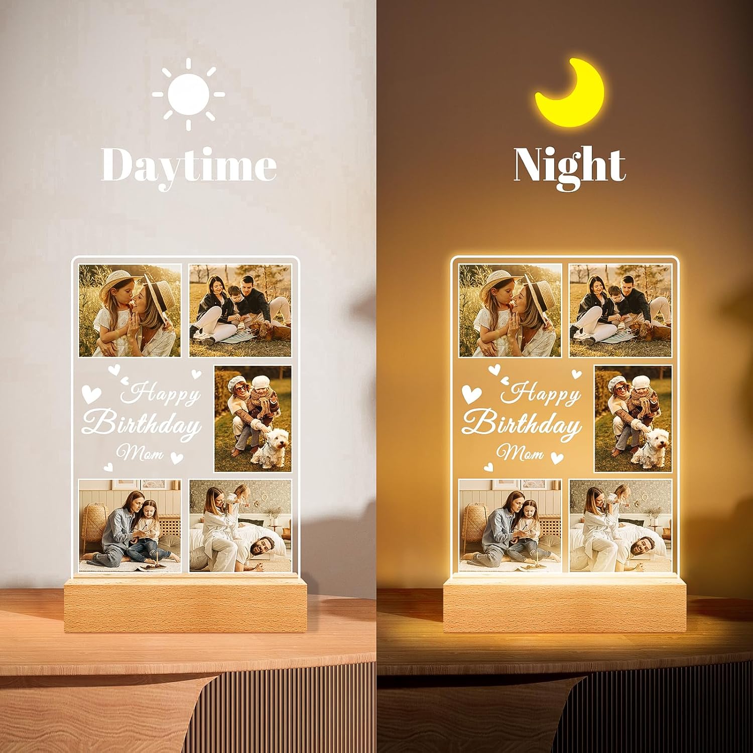 Personalized Birthday Gifts for Mom from Daughter Son, Custom Collage Picture Frames with Photo, Customized Photo Frame with Night Light, Personalized Gifts for Mom Baby Kids Family