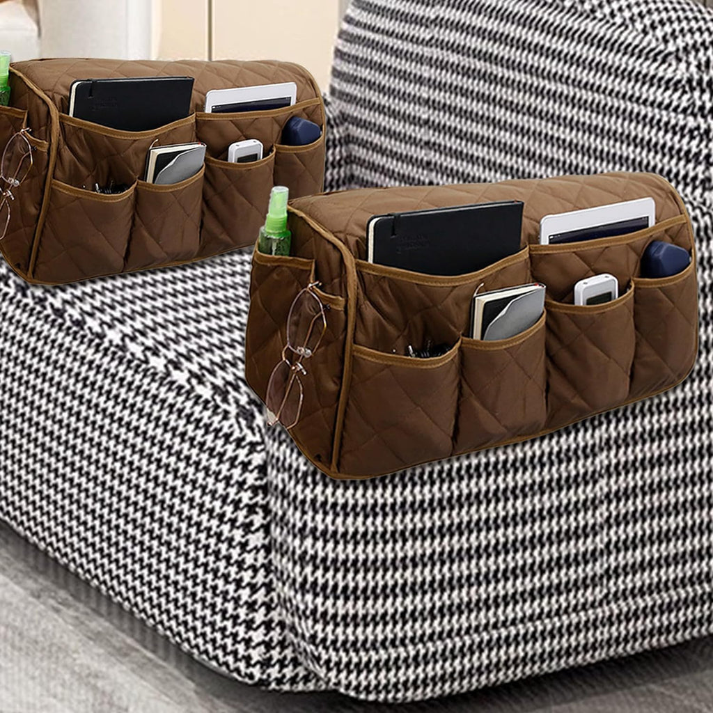 MEHIDFY Armchair Caddy Remote Control Holder for Couch Recliner Armrest Organizer Non Slip Couch Arm Covers for Sofa with 14 Pockets Storage for Magazine, Tablet, Phone, iPad (Brown 2pcs)
