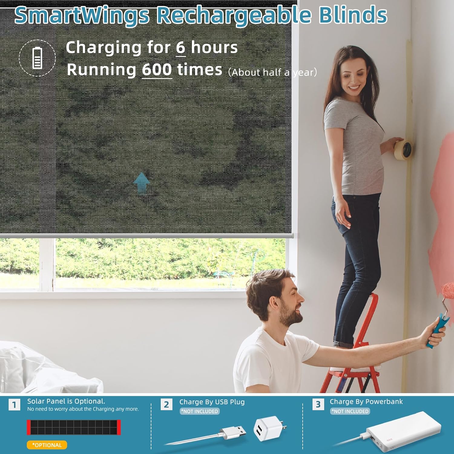 SmartWings Motorized Smart Blinds for Windows in Light Filtering, Electric Remote Roller Shades Compatible with Alexa/Google Home/Homekit, Custom Up to 110”W x 148”H, 5% Openness PVC Free Black