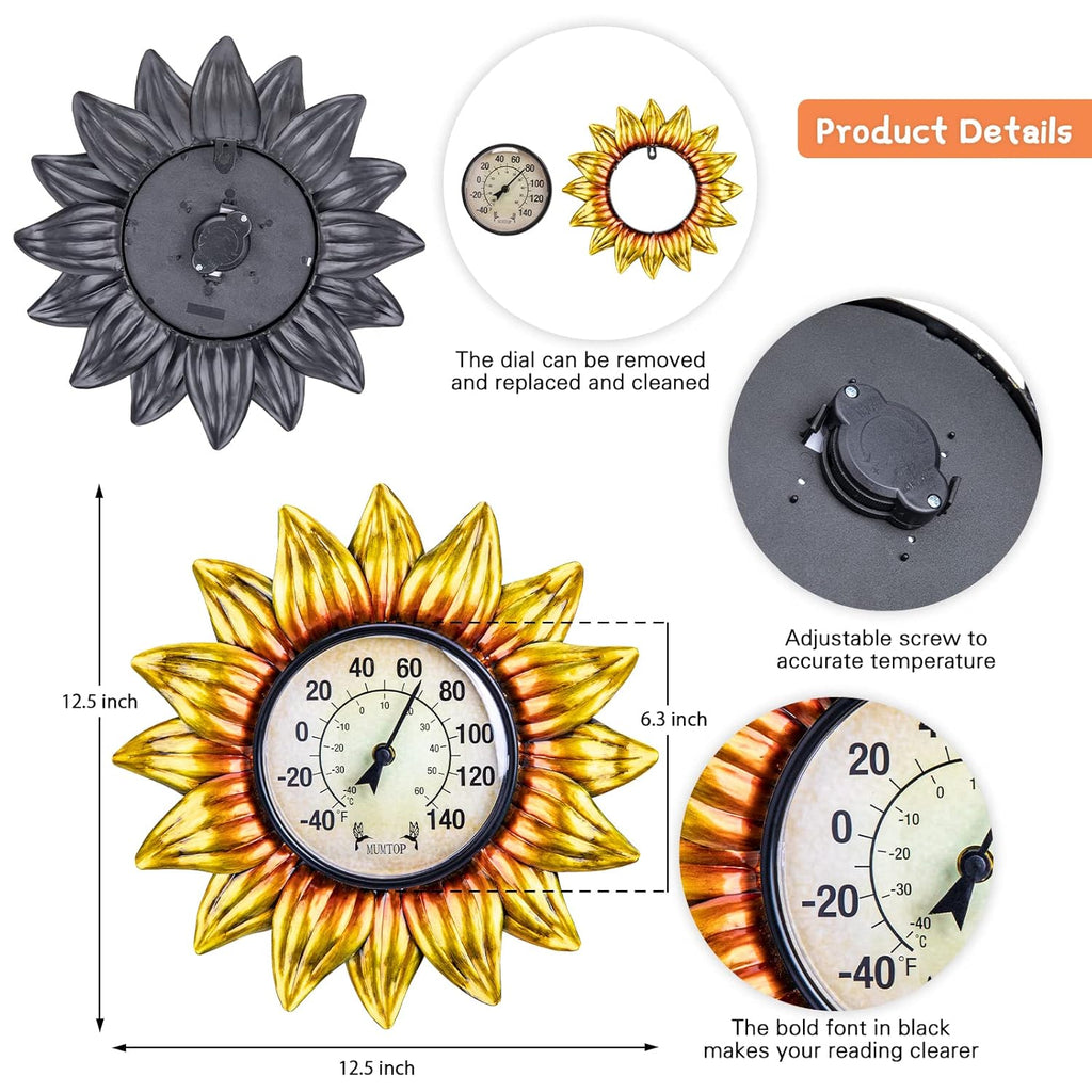 MUMTOP Outdoor Thermometers for Patio - Indoor Outdoor Thermometer, Sunflower Wall Thermometer Wireless for Garden Home Decor