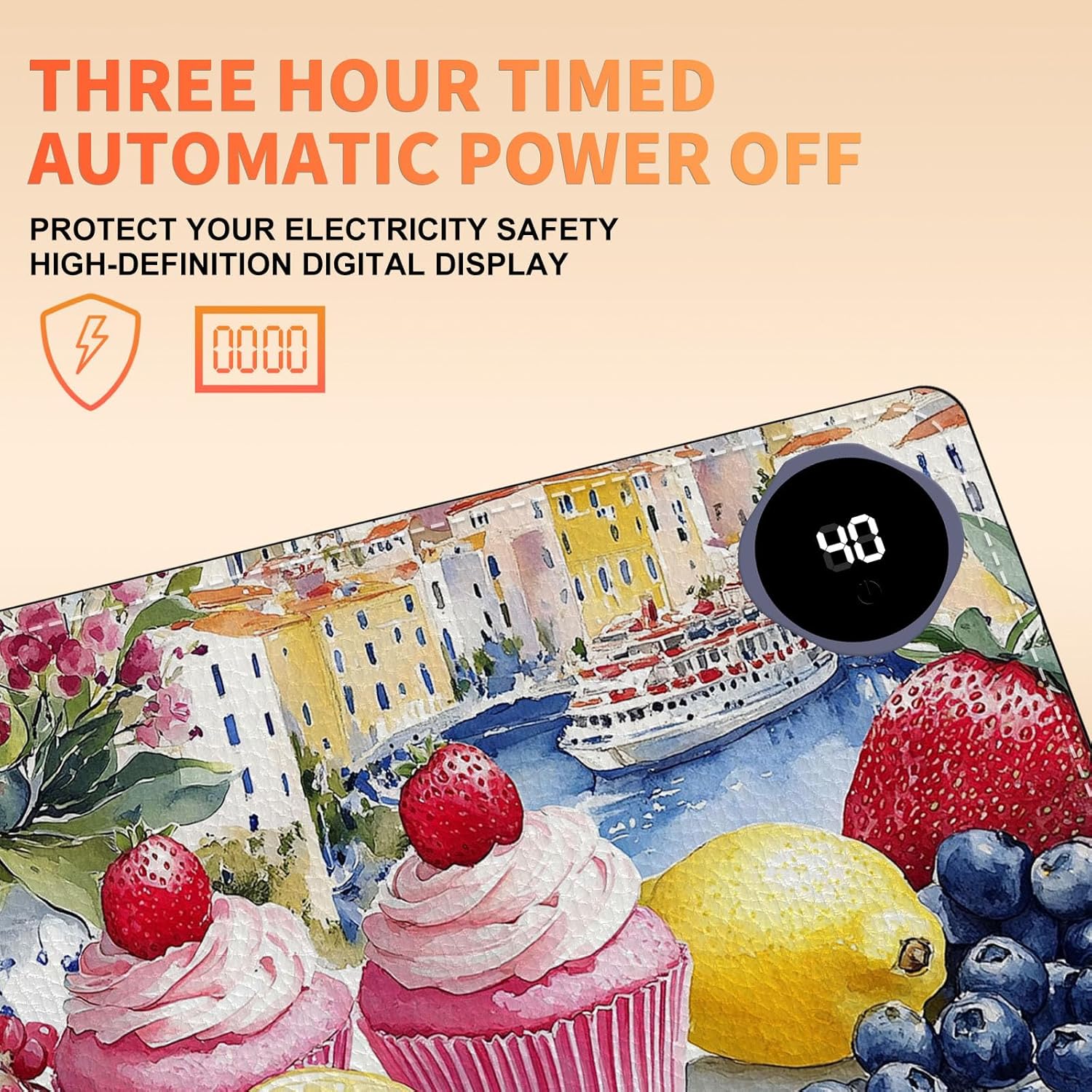 Heated Mouse Pad 23.6 x 14 in 3-Temp Fast Heating Desk Mat with Auto Timer Warmer for Hands Wrist Pain Relief Waterproof Keyboard Mat for Office, Gaming, Home, Sweet Treats Garden