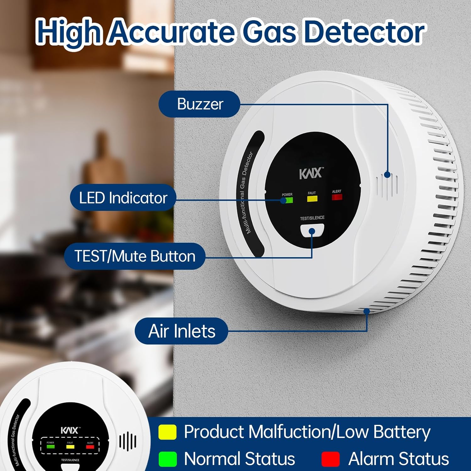 4-in-1 Carbon Monoxide Detectors, Smoke Detector, Natural Gas Detector, Propane Detector, CH4/LPG/Smoke and Carbon Monoxide Detector,Battery Powered,LED Indicator,Natural Gas Leak Detector for Home,RV