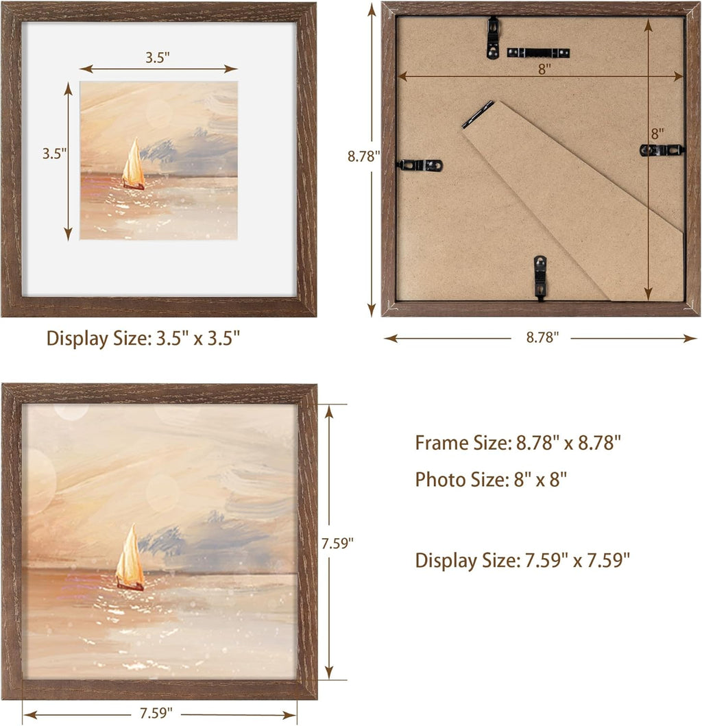 8x8 Picture Frames Set of 3, Solid Oak Wood 8”x8” Picture Frame Matted to 4”x4”,Square 8 x 8 Natural Wood Frame with Tempered Real Glass, Rustic 8x8 Photo Frame for Wall & Tabletop Display