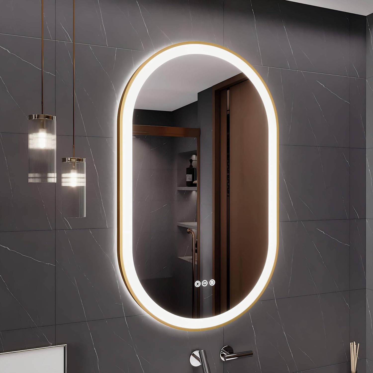 LED Mirror for Bathroom, 24x40 Inch Vanity Mirror with Lights，Anti-Fog Oval Bathroom Mirror, 3 Colors and Stepless Dimmable Wall Mounted Makeup Mirror with Metal Frame