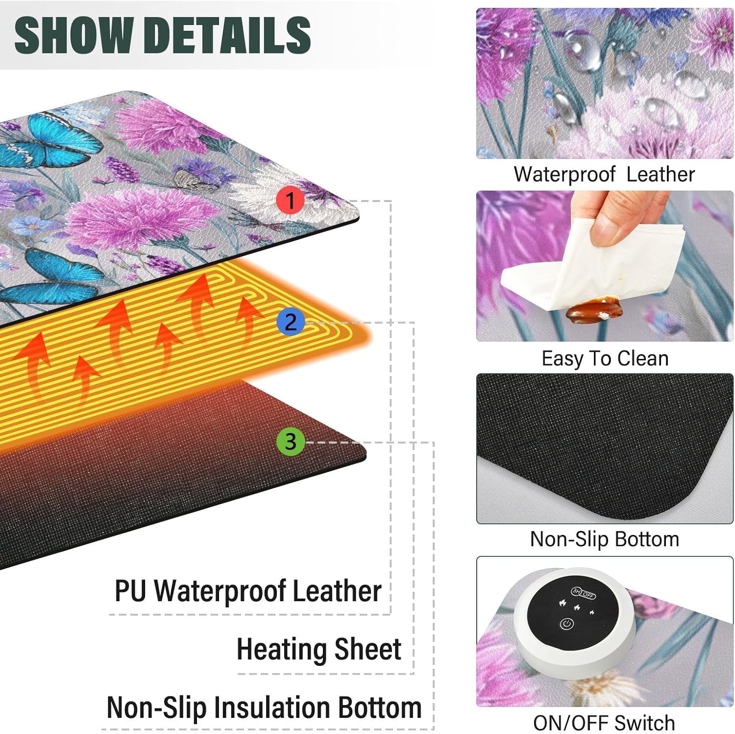 Heated Desk Pad Mouse Pad 31.5x13 Inch PU Leather Desk Mat with 3 Heat Levels Large Mouse Gaming Computer Laptop Mat Grey Pink Corflower Butterfly