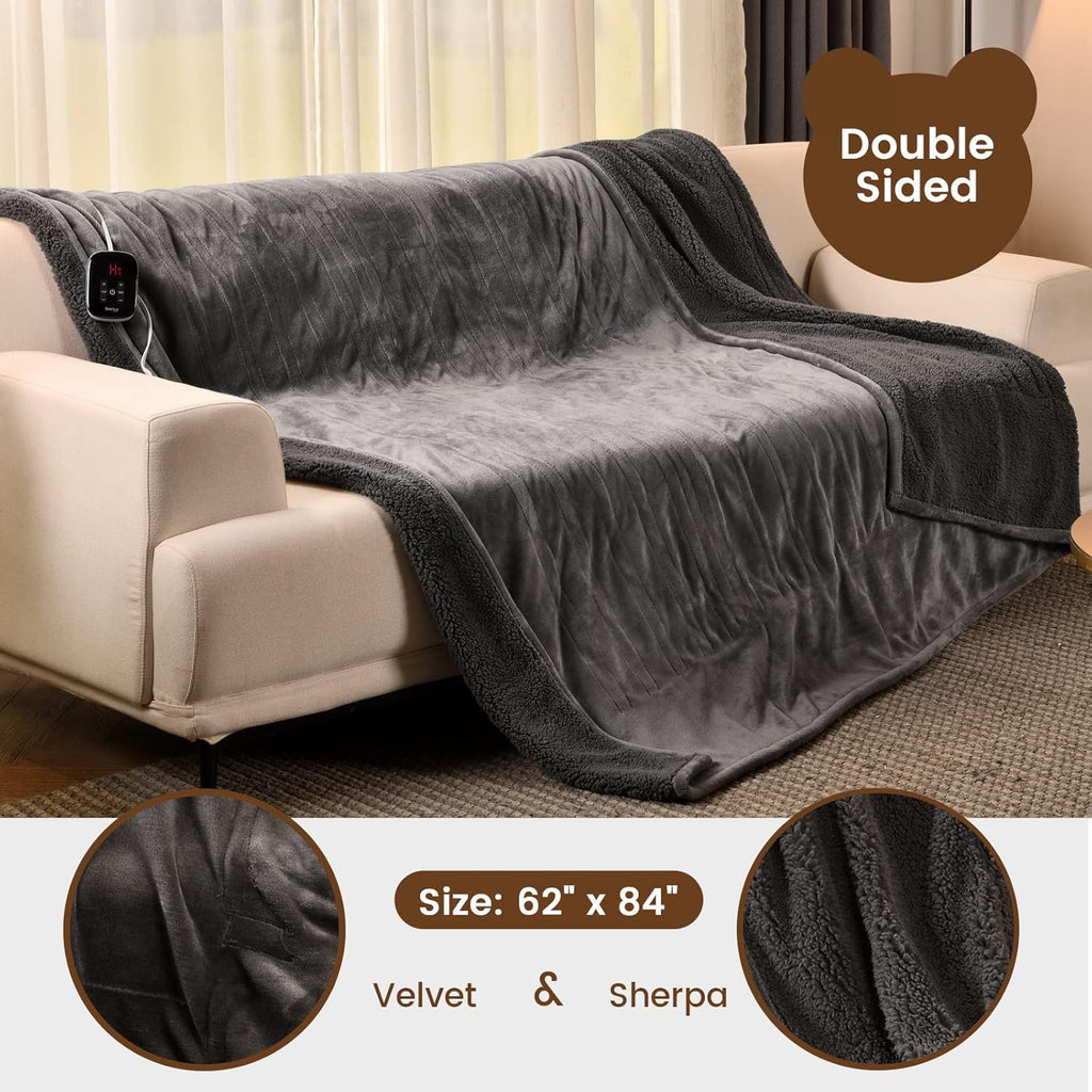 Bearhug Electric Blanket Twin Size 62" x 84", Velvet & Sherpa Heated Blanket, 10 Heating Levels & 1-12H Auto Off, Over-Heat Protect, ETL Certification, Machine Washable