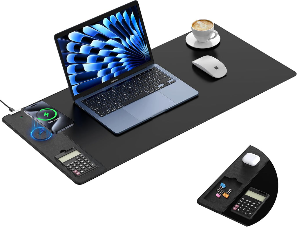 TopMade Mouse Pad with 15W Wireless Charging, Removable 8-Digit Solar Calculator, 31.5" x 15.75" XXL Large Desk Pad, Gaming Computer Keyboard Pad, Waterproof Mousepad Home Office Desk Mat, Black