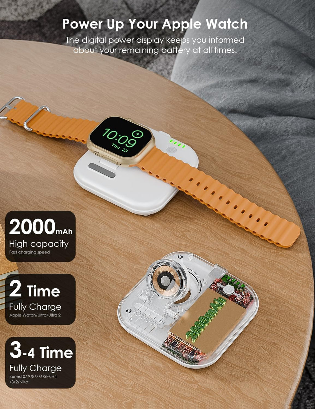 Portable for Apple Watch Charger 2000mAh - Foldable Magnetic Power Bank for Series 2-10/SE/Ultra1/2, Emergency Backup Charger with Type-C Travel Cable