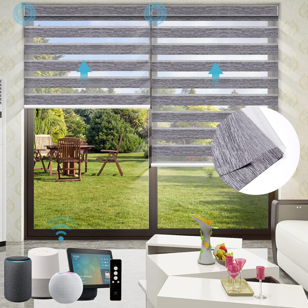 SmartWings Motorized Zebra Shades - Compatible with HomeKit, Alexa, SmartThings, Google - Remote Control Light Filtering Sheer Shades, 85% Blackout, for Smart Home/Office, Grey, Customized