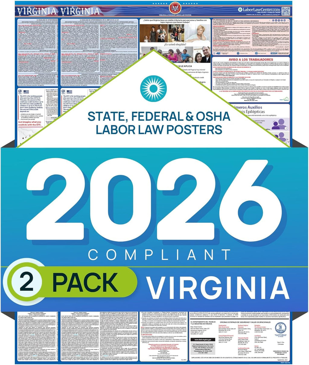 Virginia 2026 Labor Law Poster – State & Federal Compliance – OSHA, EEOC, FMLA, Minimum Wage – Durable, Laminated & Waterproof Workplace Employment Poster – Made in USA – 26” x 39.5”, 2-Pack